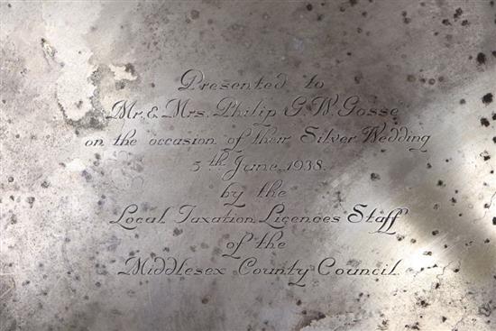 A George VI silver salver, with engraved inscription, Mappin & Webb, Sheffield, 1937, 30.6cm, 27.5 oz.